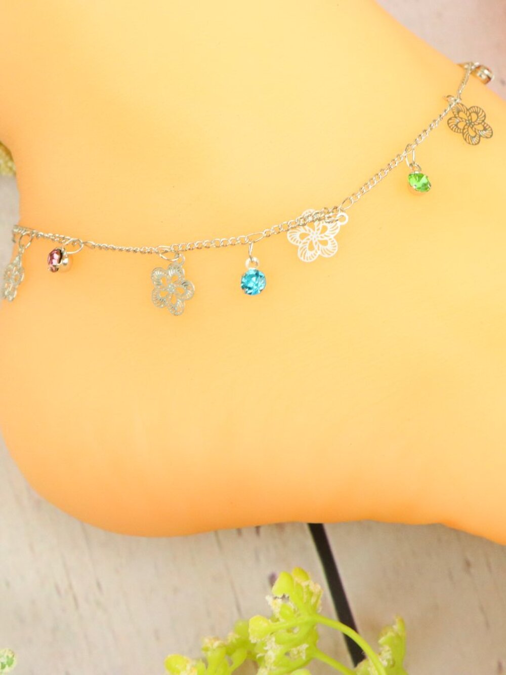 Flower Dangle Charm Anklet, Silver Color Chain, Emerald Sapphire, WALRCN104